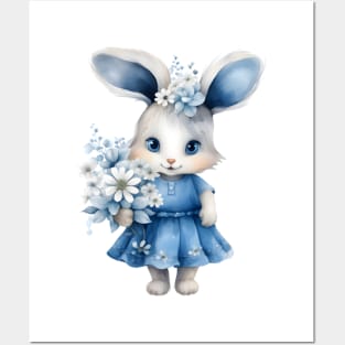 Cute easter bunny girl with flowers Posters and Art